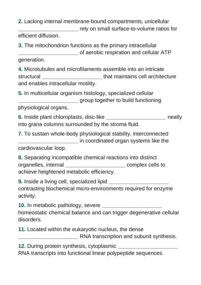 Cellular Anatomy & Physiology Fill-in-the-Blank Vocabulary Worksheet sample page