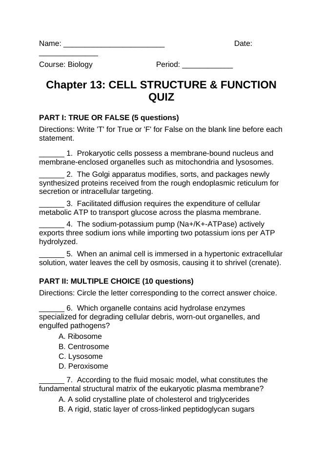 Cellular Anatomy & Physiology Lesson Quiz sample page