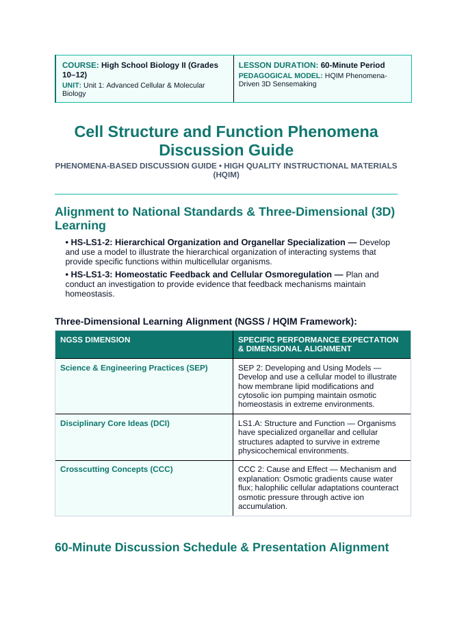 Cellular Anatomy & Physiology Phenomena-Based Lesson: Life in Liquid Salt: The Hypersaline Survival of Halobacterium salinarum Teacher Discussion Guide sample page