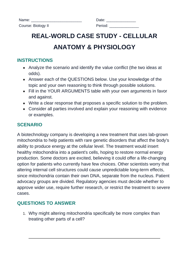 Cellular Anatomy & Physiology Real-World Case Study sample page