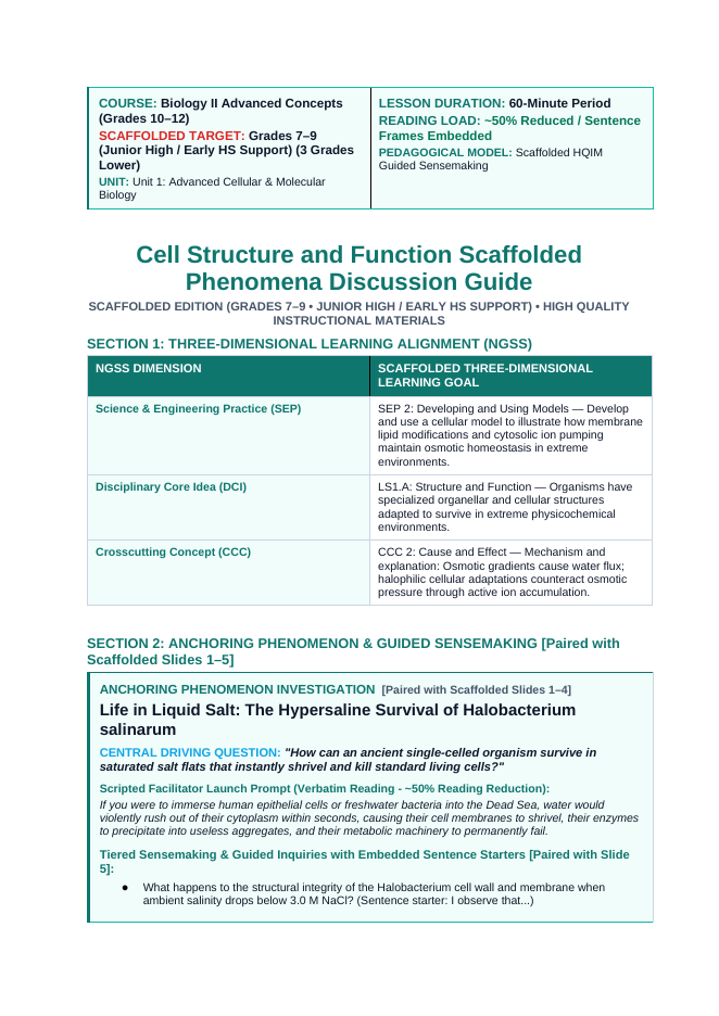 Cellular Anatomy & Physiology Scaffolded Phenomena-Based Lesson: Life in Liquid Salt: The Hypersaline Survival of Halobacterium salinarum Teacher Discussion Guide sample page