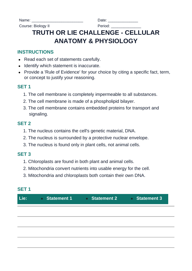 Cellular Anatomy & Physiology Truth or Lie Challenge sample page