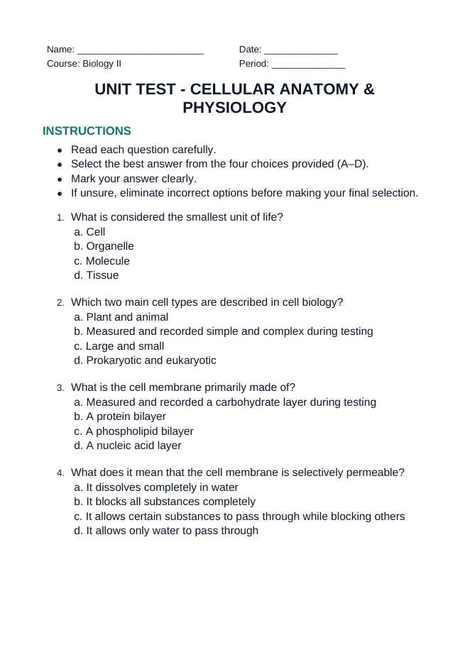Cellular Anatomy & Physiology Unit Test sample page