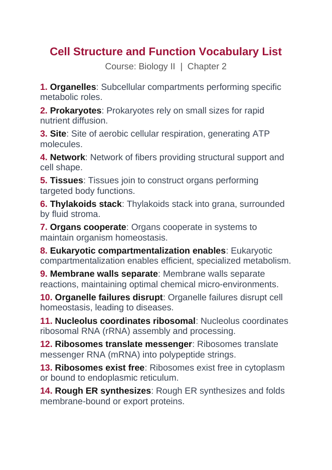 Cellular Anatomy & Physiology Vocabulary Words & Definitions sample page
