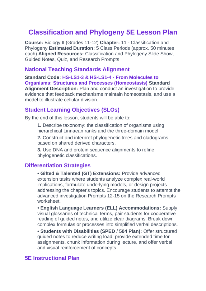 Classification & Phylogeny 5E Lesson Plan sample page