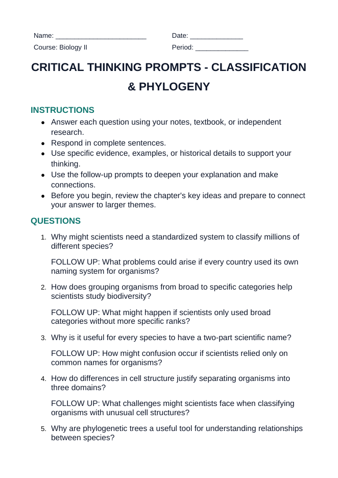 Classification & Phylogeny Critical Thinking Prompts sample page