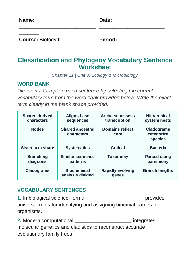 Classification & Phylogeny Fill-in-the-Blank Vocabulary Worksheet sample page