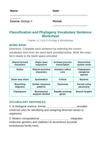 Classification & Phylogeny Fill-in-the-Blank Vocabulary Worksheet sample page