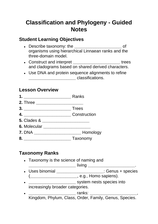 Classification & Phylogeny Guided Notes sample page