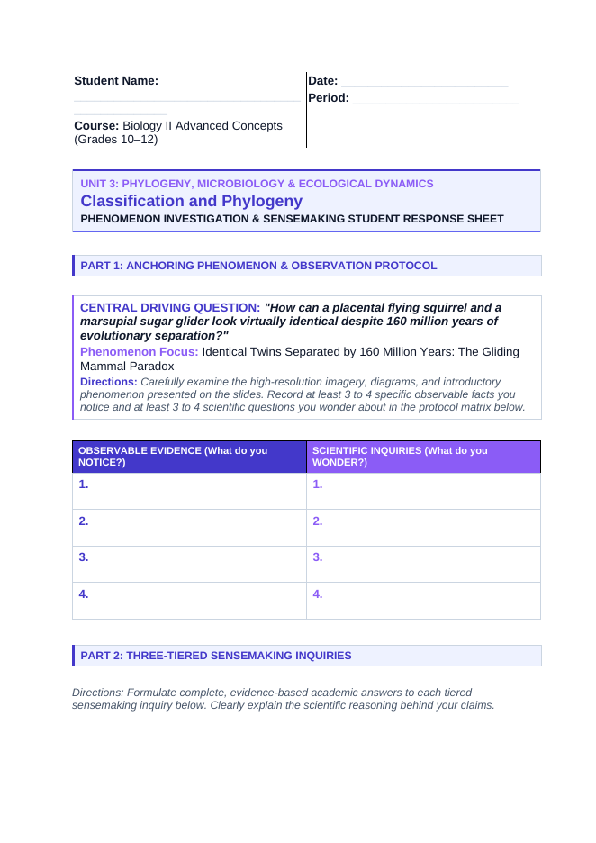 Classification & Phylogeny Phenomena-Based Lesson: Identical Twins Separated by 160 Million Years: The Gliding Mammal Paradox Student Response Sheet sample page