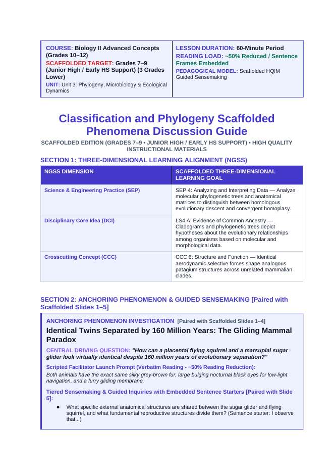 Classification & Phylogeny Scaffolded Phenomena-Based Lesson: Identical Twins Separated by 160 Million Years: The Gliding Mammal Paradox Teacher Discussion Guide sample page