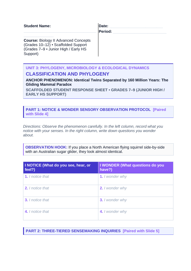 Classification & Phylogeny Scaffolded Phenomena-Based Lesson: Identical Twins Separated by 160 Million Years: The Gliding Mammal Paradox Student Response Sheet sample page