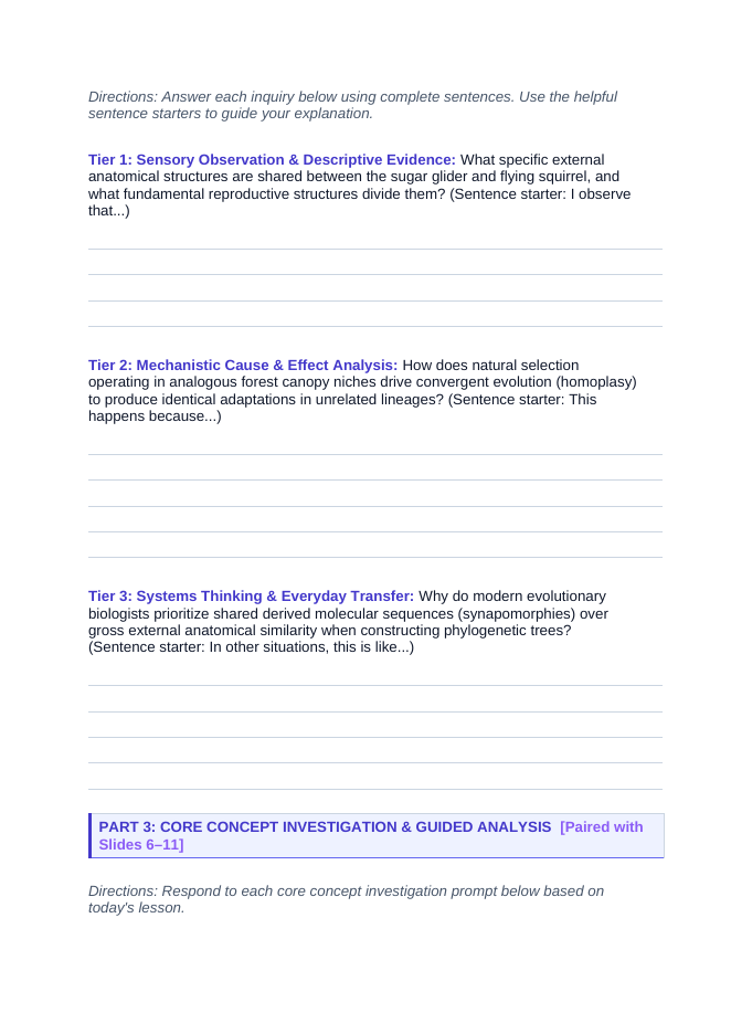 Classification & Phylogeny Scaffolded Phenomena-Based Lesson: Identical Twins Separated by 160 Million Years: The Gliding Mammal Paradox Student Response Sheet sample page