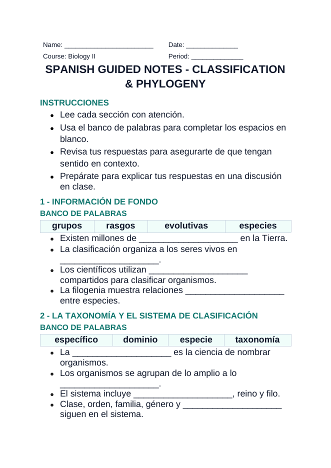 Classification & Phylogeny Spanish Guided Notes sample page