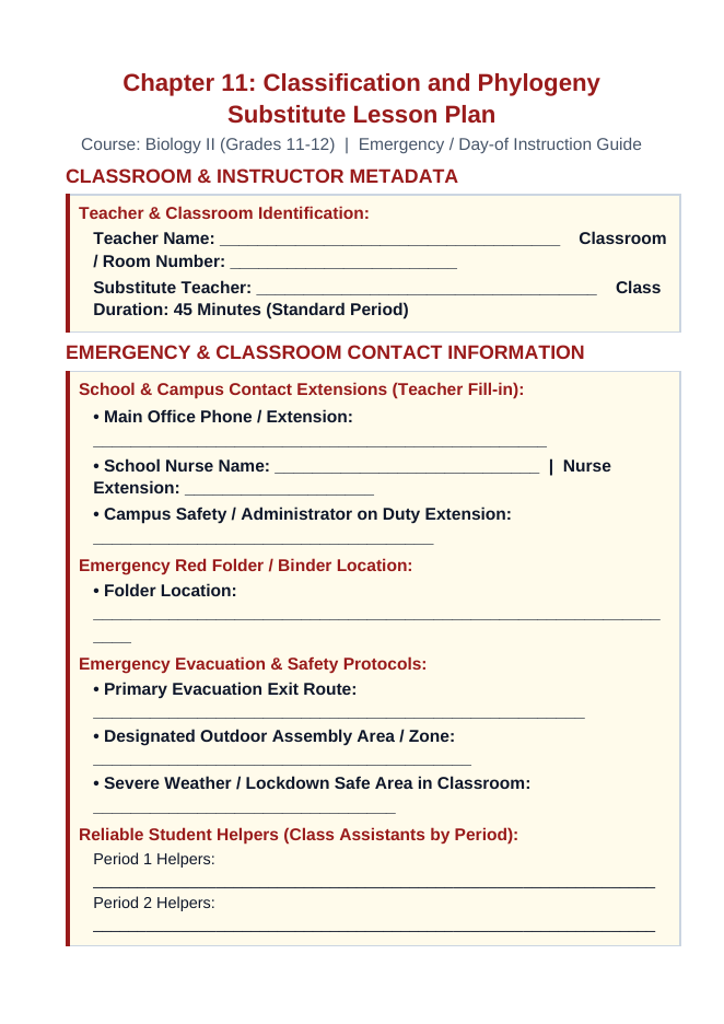 Classification & Phylogeny Substitute Lesson Plan sample page