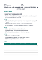 Classification & Phylogeny Truth or Lie Challenge sample page