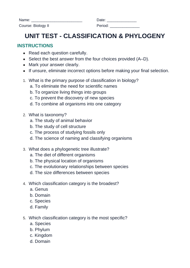 Classification & Phylogeny Unit Test sample page