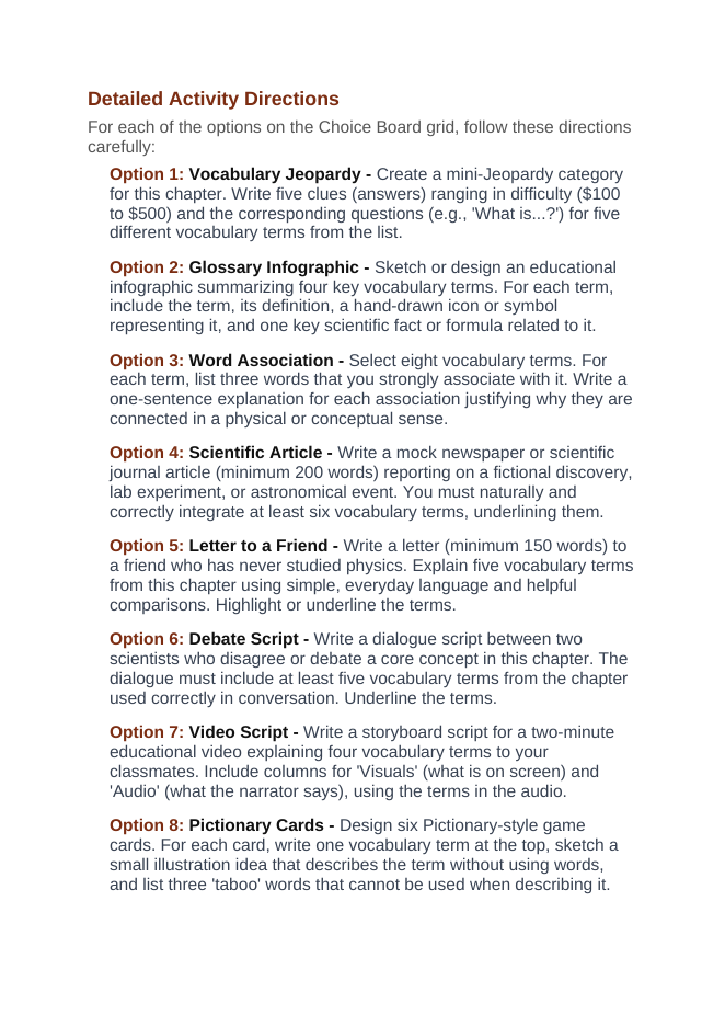 Classification & Phylogeny Vocabulary Choice Board sample page