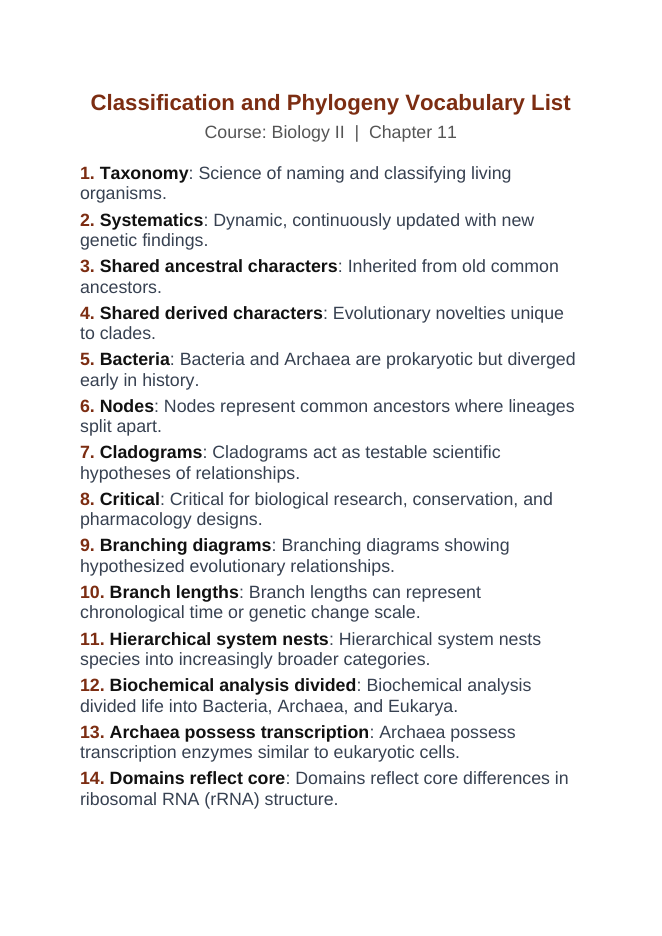 Classification & Phylogeny Vocabulary Words & Definitions sample page
