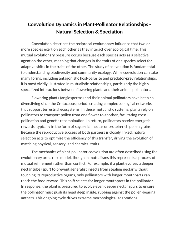 Coevolution Dynamics in Plant-Pollinator Relationships Reading Worksheet sample page