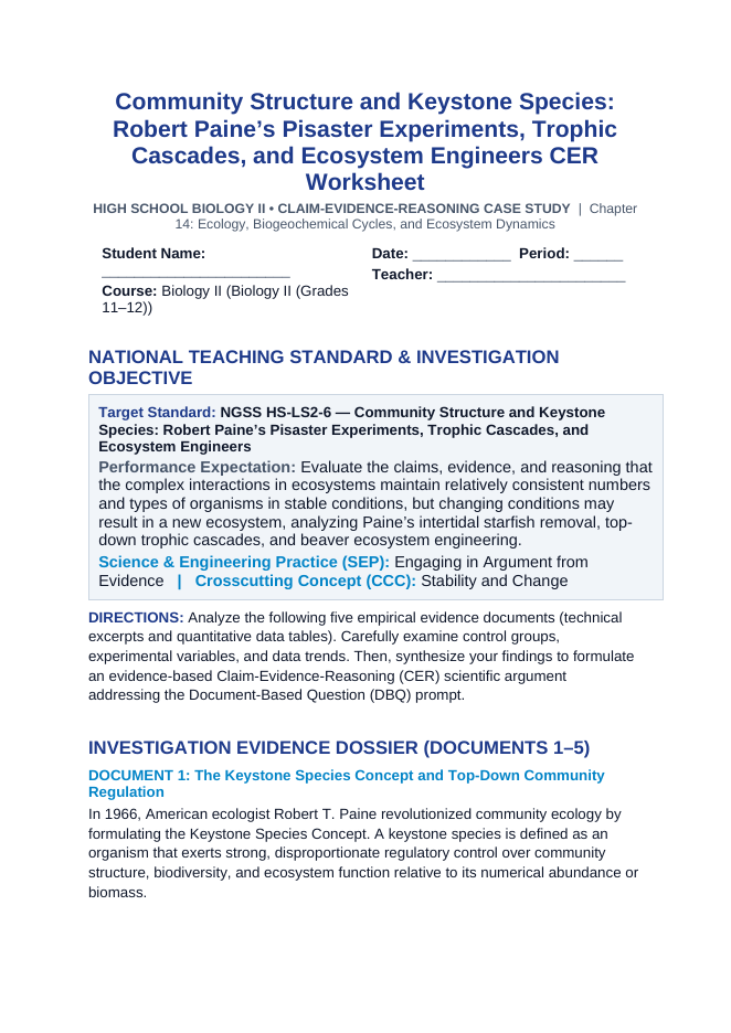 Community Structure and Keystone Species: Robert Paine’s Pisaster Experiments, Trophic Cascades, and Ecosystem Engineers CER Phenomena Worksheet sample page
