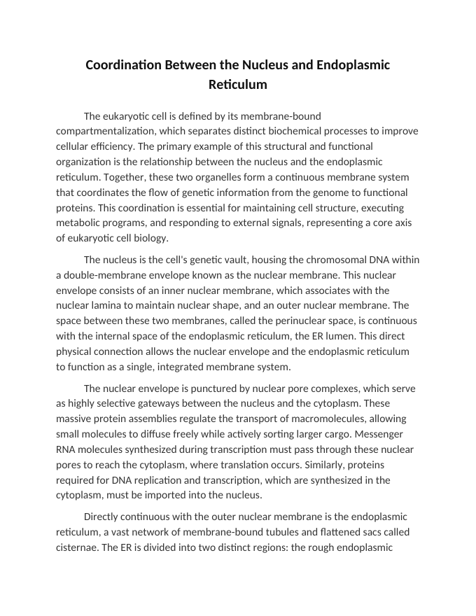 Coordination Between the Nucleus and Endoplasmic Reticulum Reading Worksheet sample page