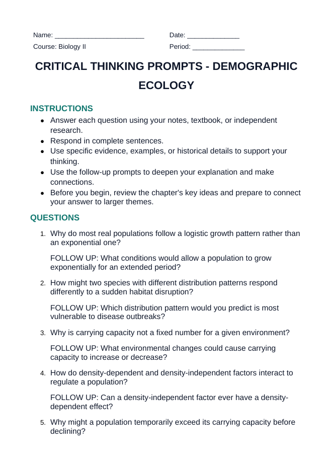 Demographic Ecology Critical Thinking Prompts sample page