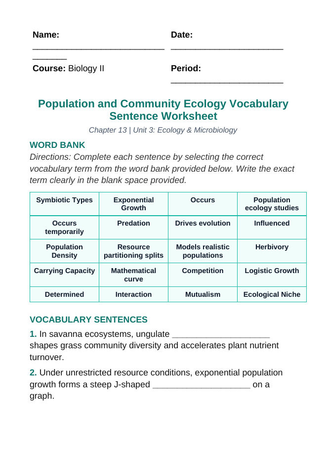 Demographic Ecology Fill-in-the-Blank Vocabulary Worksheet sample page