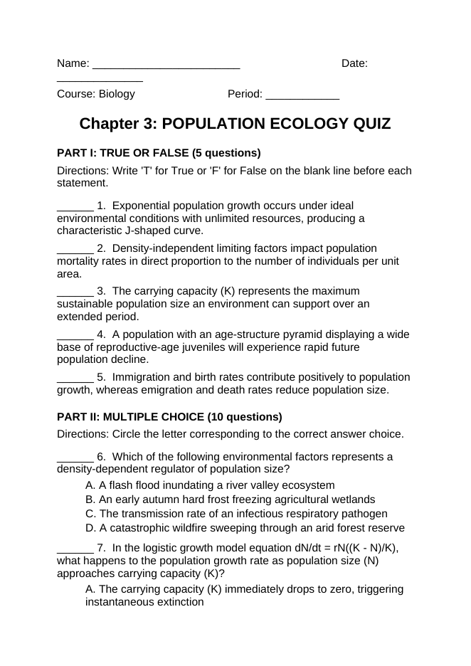 Demographic Ecology Lesson Quiz sample page