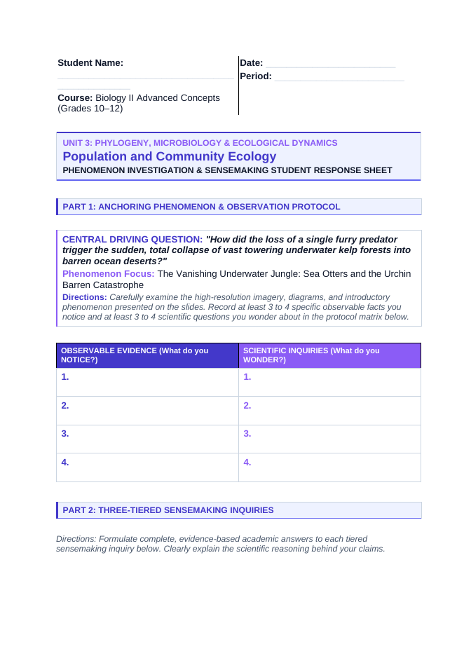 Demographic Ecology Phenomena-Based Lesson: The Vanishing Underwater Jungle: Sea Otters and the Urchin Barren Catastrophe Student Response Sheet sample page
