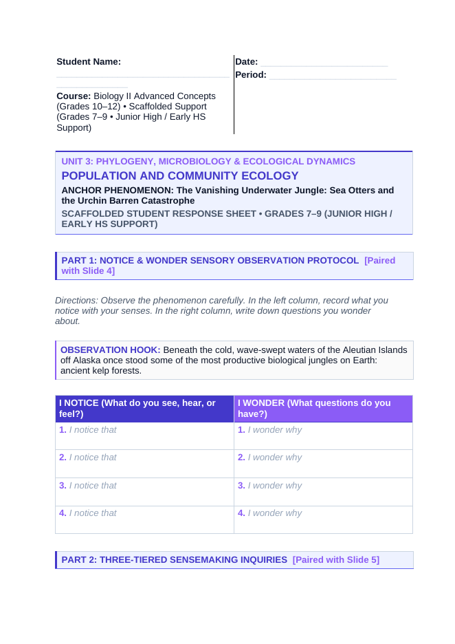 Demographic Ecology Scaffolded Phenomena-Based Lesson: The Vanishing Underwater Jungle: Sea Otters and the Urchin Barren Catastrophe Student Response Sheet sample page