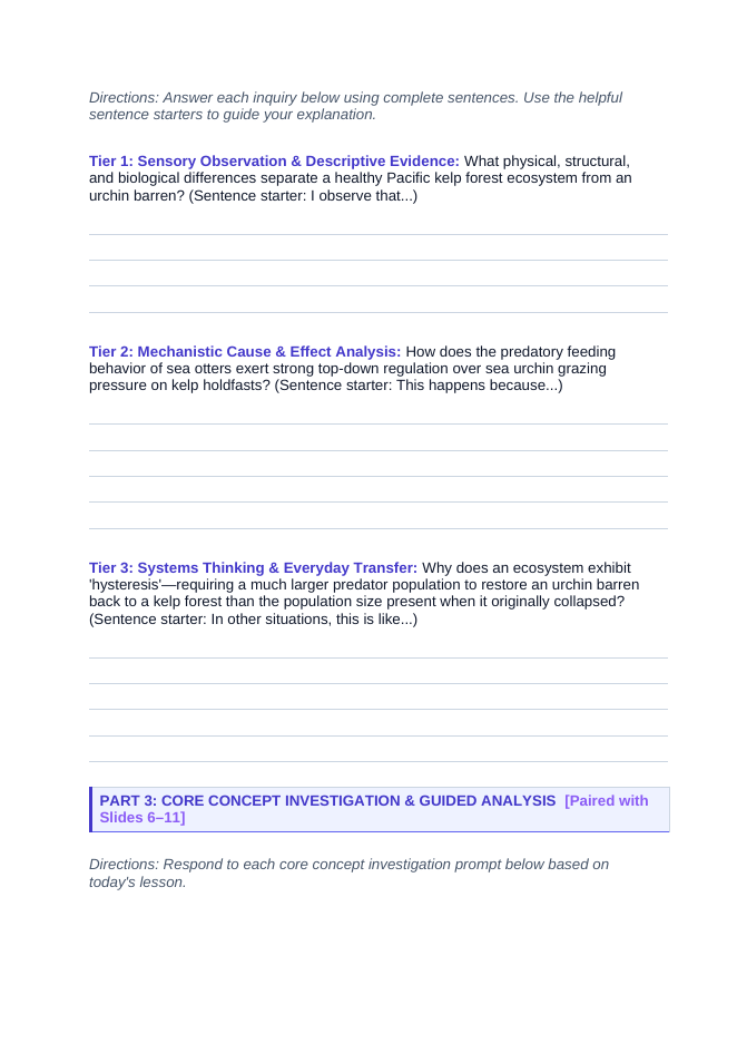 Demographic Ecology Scaffolded Phenomena-Based Lesson: The Vanishing Underwater Jungle: Sea Otters and the Urchin Barren Catastrophe Student Response Sheet sample page