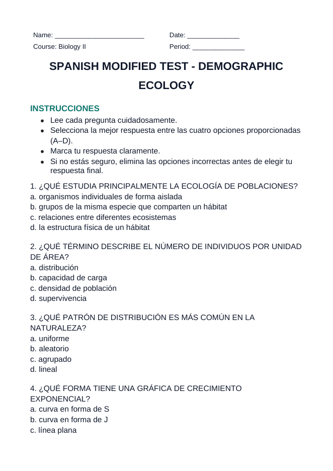 Demographic Ecology Spanish Unit Test sample page