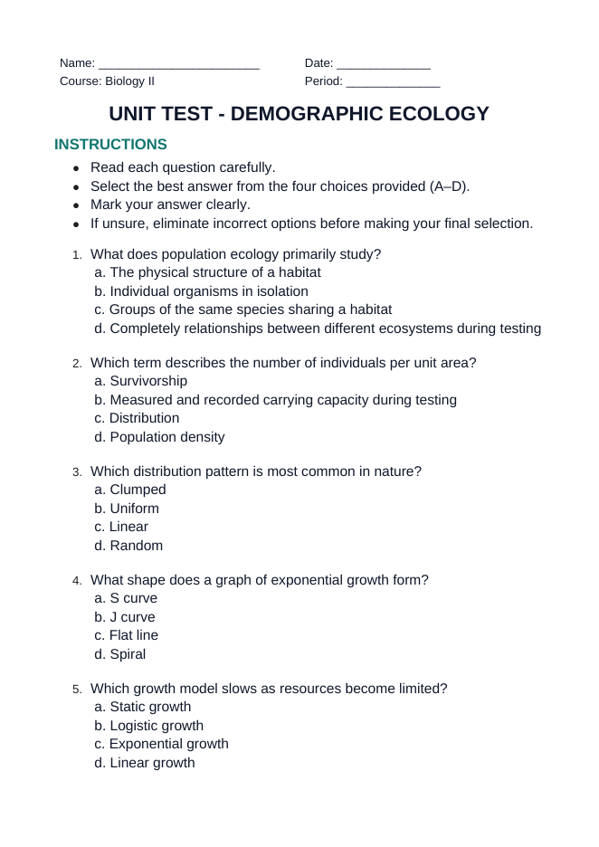 Demographic Ecology Unit Test sample page