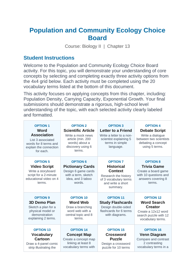 Demographic Ecology Vocabulary Choice Board sample page