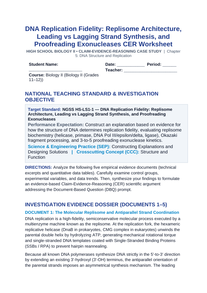 DNA Replication Fidelity: Replisome Architecture, Leading vs Lagging Strand Synthesis, and Proofreading Exonucleases CER Phenomena Worksheet sample page