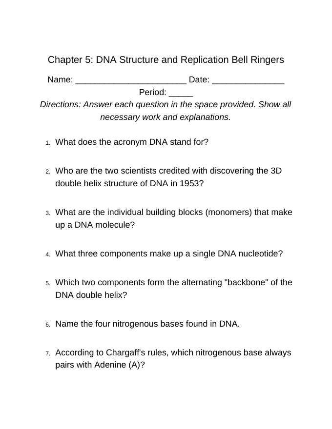 DNA Structure & Replication Bell Ringers & Exit Tickets sample page