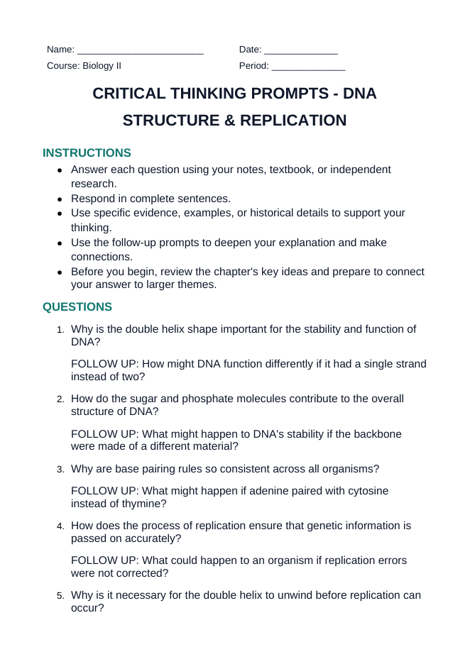 DNA Structure & Replication Critical Thinking Prompts sample page