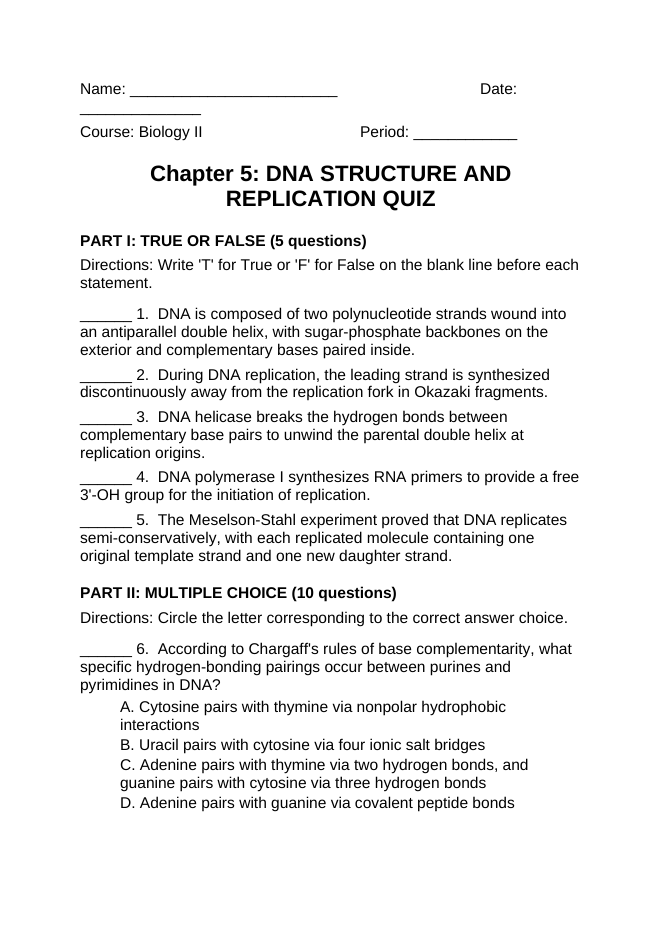 DNA Structure & Replication Lesson Quiz sample page