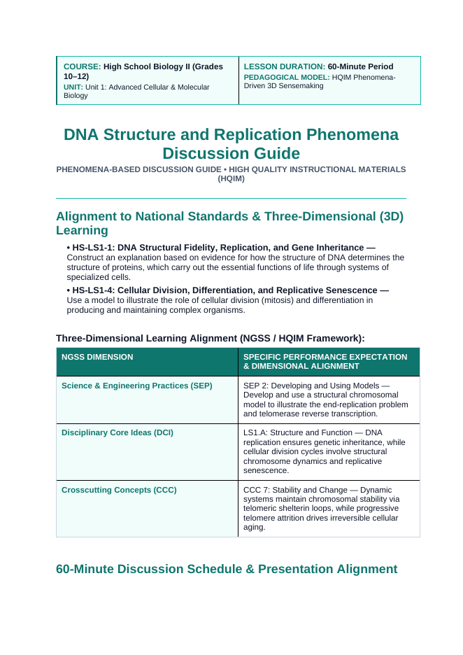 DNA Structure & Replication Phenomena-Based Lesson: The Aging of Dolly and the Immortality of Hydra: The Replicative Clock of DNA Teacher Discussion Guide sample page