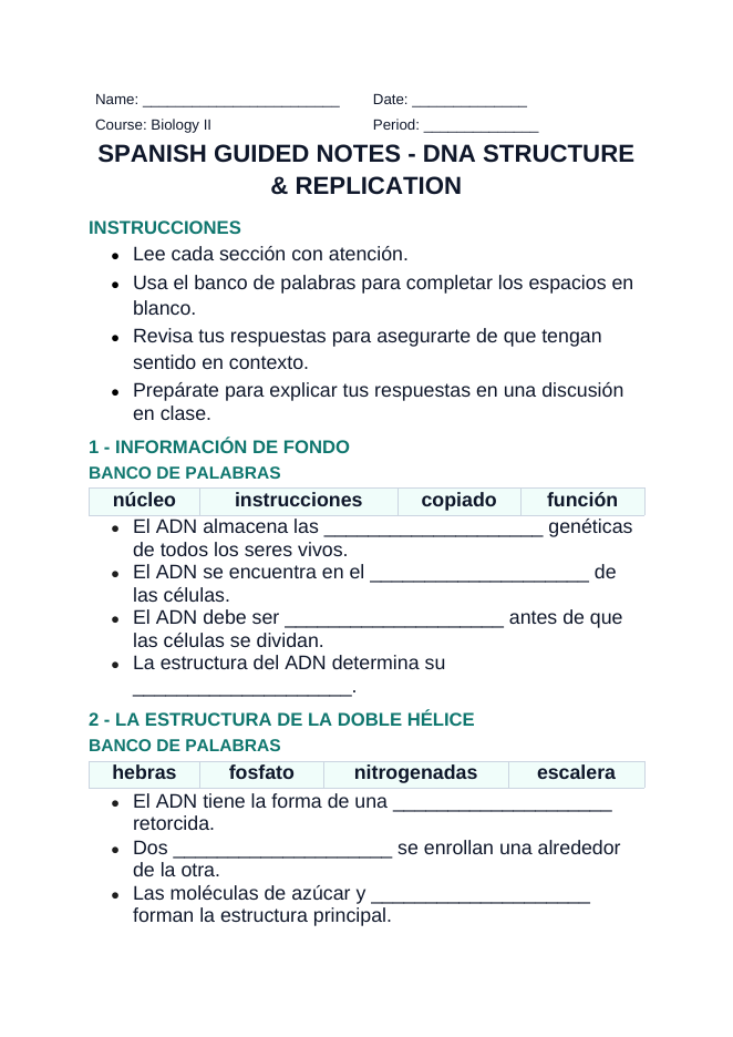 DNA Structure & Replication Spanish Guided Notes sample page