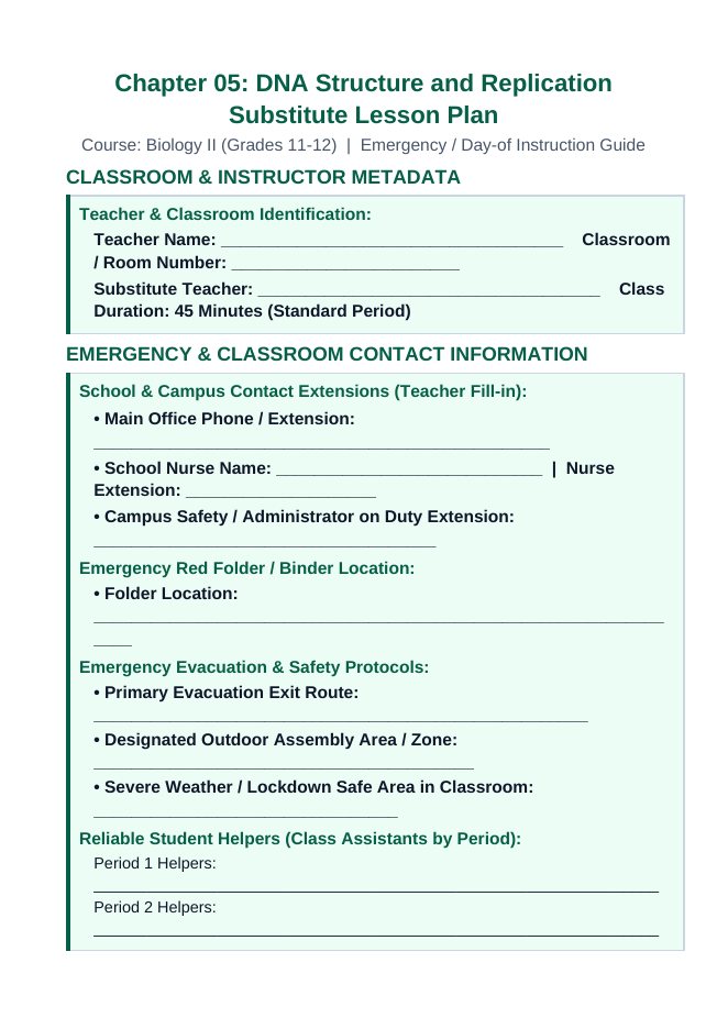 DNA Structure & Replication Substitute Lesson Plan sample page