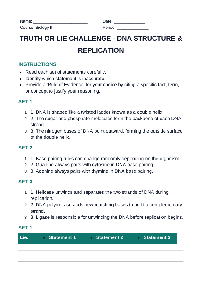 DNA Structure & Replication Truth or Lie Challenge sample page