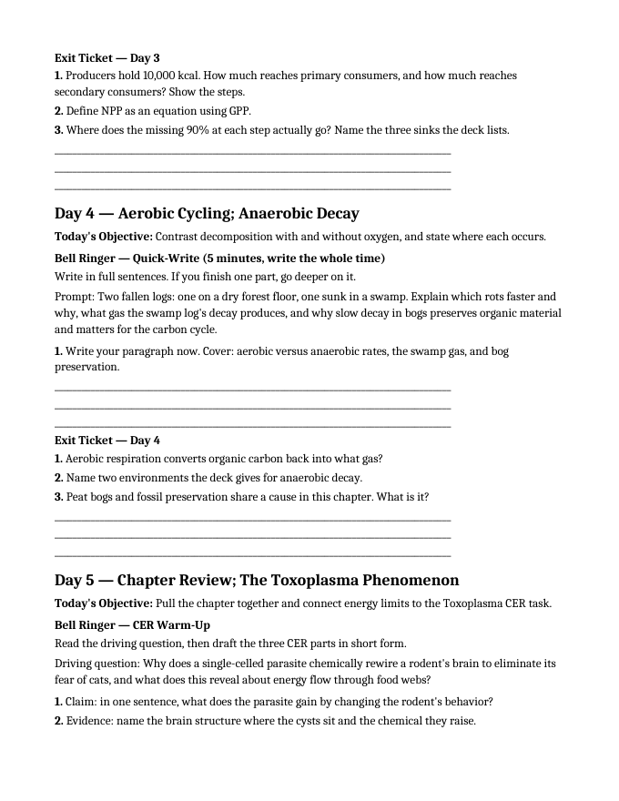 Ecosystem Dynamics & Energy Flow Bell Ringers & Exit Tickets sample page