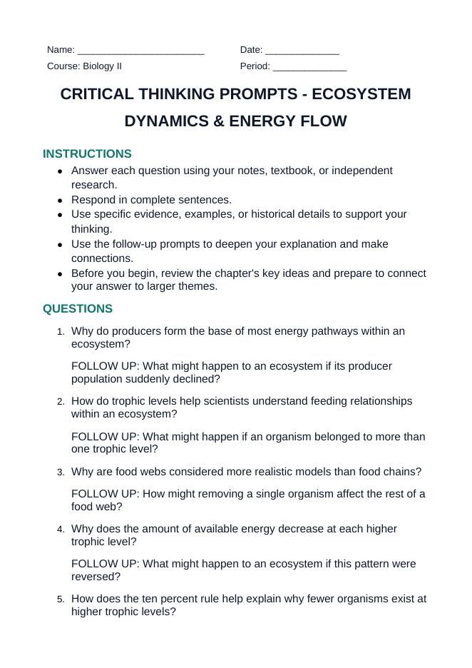 Ecosystem Dynamics & Energy Flow Critical Thinking Prompts sample page
