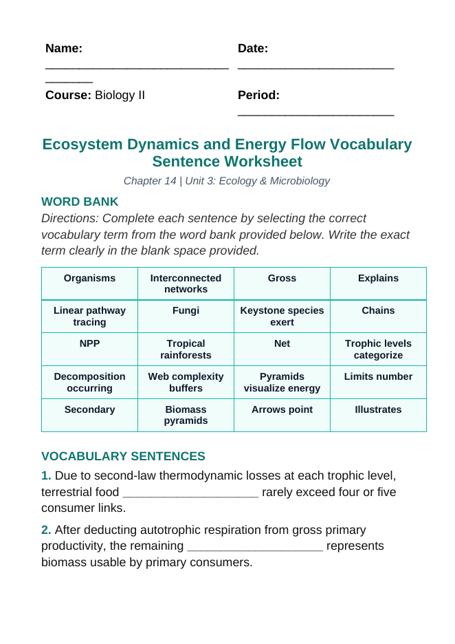 Ecosystem Dynamics & Energy Flow Fill-in-the-Blank Vocabulary Worksheet sample page