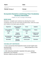 Ecosystem Dynamics & Energy Flow Fill-in-the-Blank Vocabulary Worksheet sample page