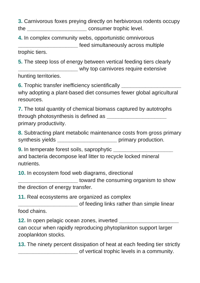 Ecosystem Dynamics & Energy Flow Fill-in-the-Blank Vocabulary Worksheet sample page