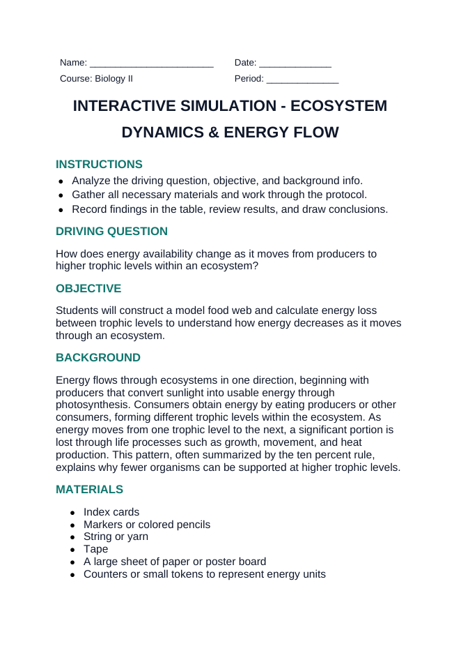 Ecosystem Dynamics & Energy Flow Interactive Simulation sample page