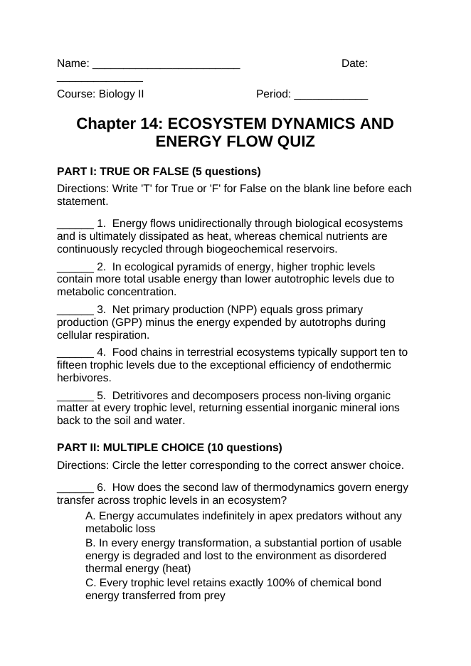 Ecosystem Dynamics & Energy Flow Lesson Quiz sample page